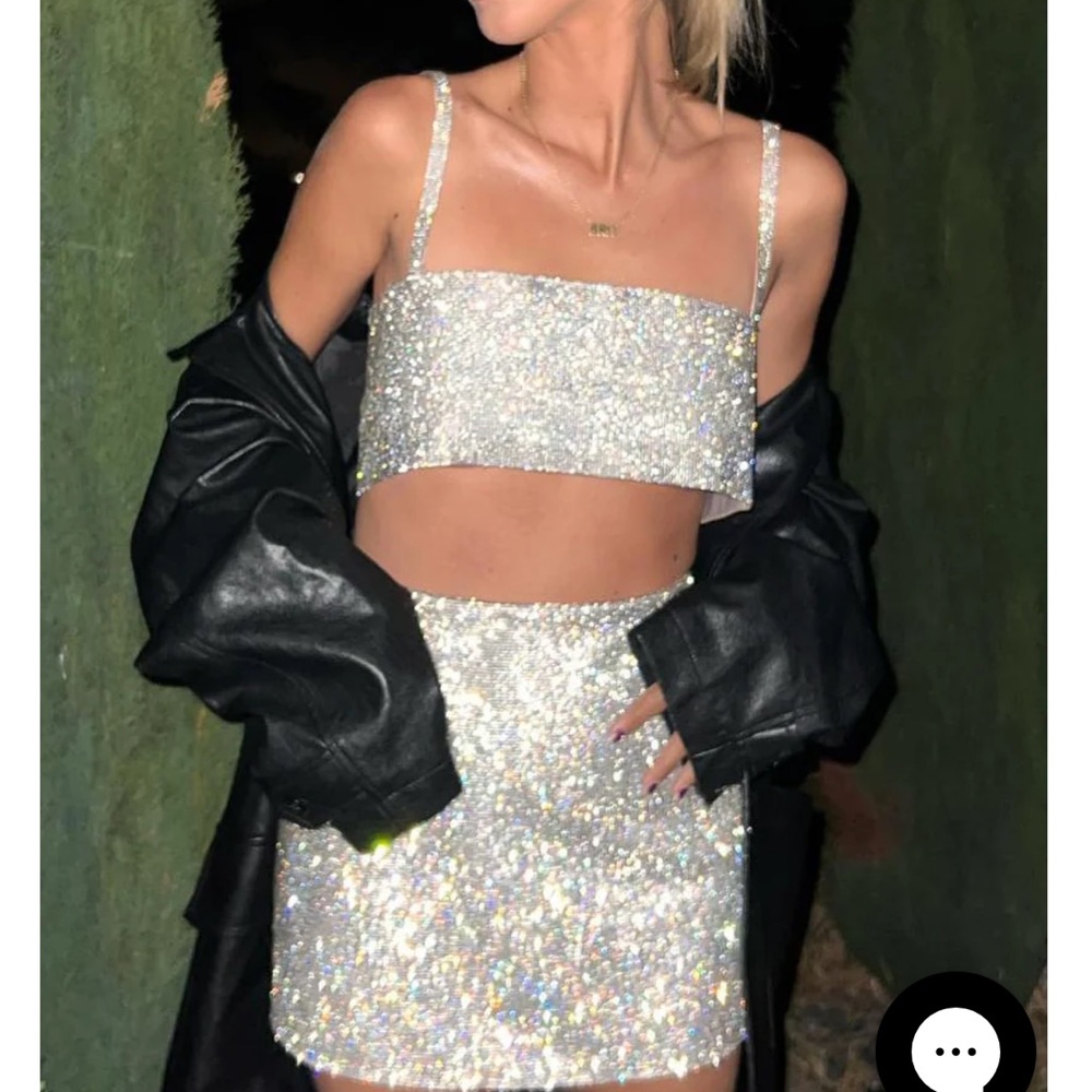White Fox Breathtaking Crop One Last Time Mini Skirt Silver Rhinestone Set M/L